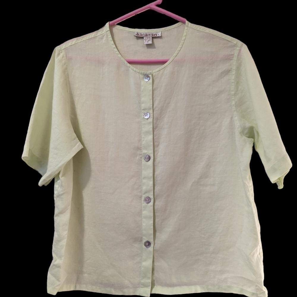 💚 Lime Linen Karavan Womens blouse button up top shirt MOP Loose fit